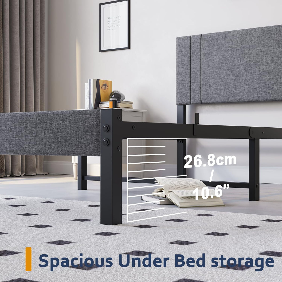 DUMEE Bedframe voor eenpersoonsbed, van metaal met hoofdeinde en plank, 0,9 m, gevoerd metalen frame met verbeterde ondersteuning, geen veren, geen lawaai, eenvoudige montage, grijs