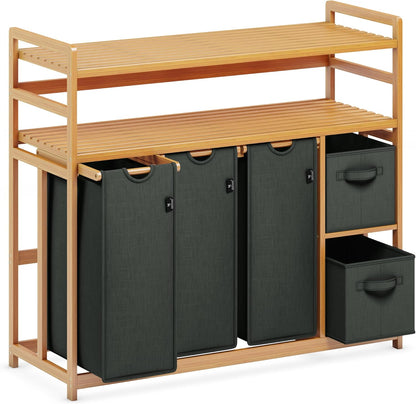 ADEL DREAM Wasmand 5 vakken, 2 planken, wasverzamelaar, 190 liter, wasboxen met mand, wassorteerder met 3 waszakken en 2 stoffen boxen, waszak, bamboe, wasrek, wasmand, laundry basket, donkergrijs