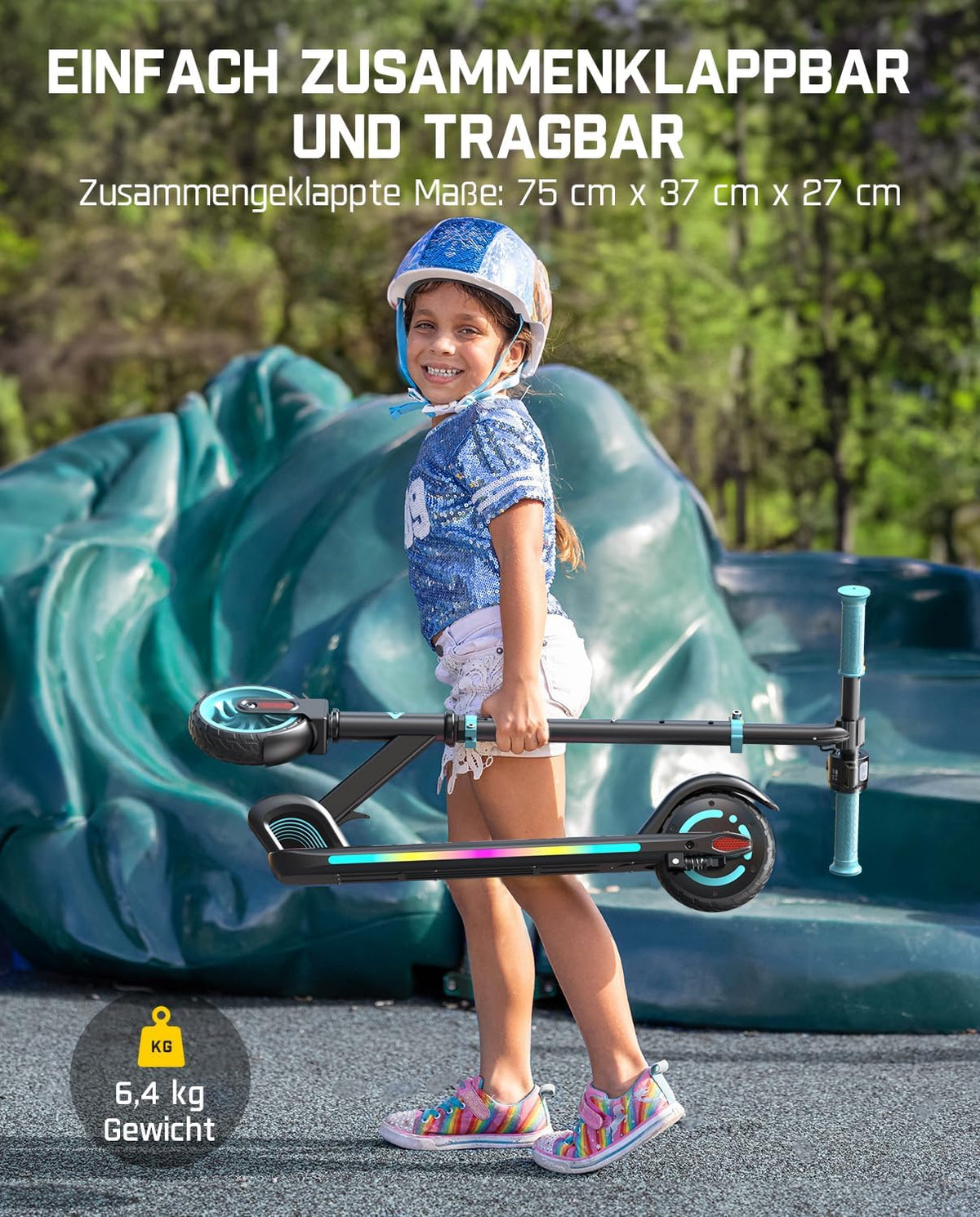 FanttikRide C9 Apex Elektrische step voor kinderen vanaf 8 jaar, bluetooth-muziek, kleurrijke regenboogverlichting, 8/12/16 km/u, 8 km bereik, led-display, in hoogte verstelbaar, opvouwbaar, voor
