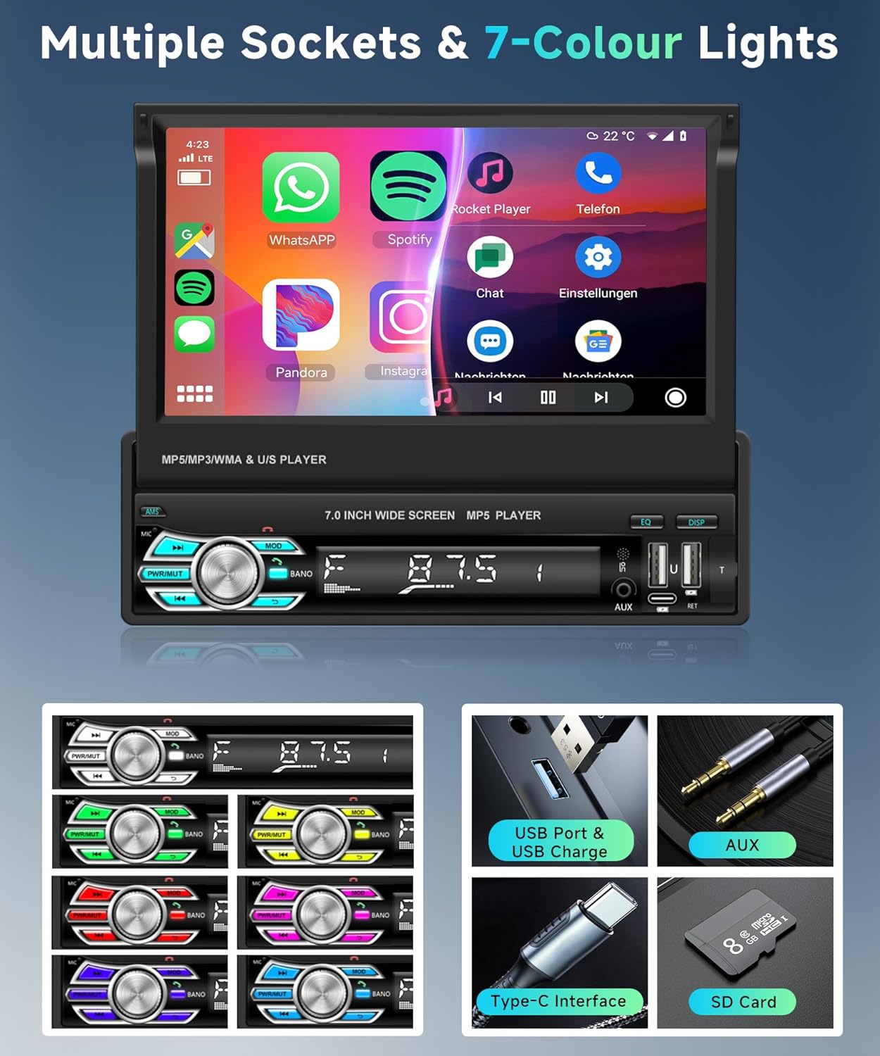 Podofo Draadloze Carplay Autoradio 1Din met 7'' Uitschuifbaar Display Handmatig Scherm Draadloos Android Auto Bluetooth 5.1 FM 2USB/AUX/SD/Stuurbediening met Achteruitrijcamera Stuurbediening