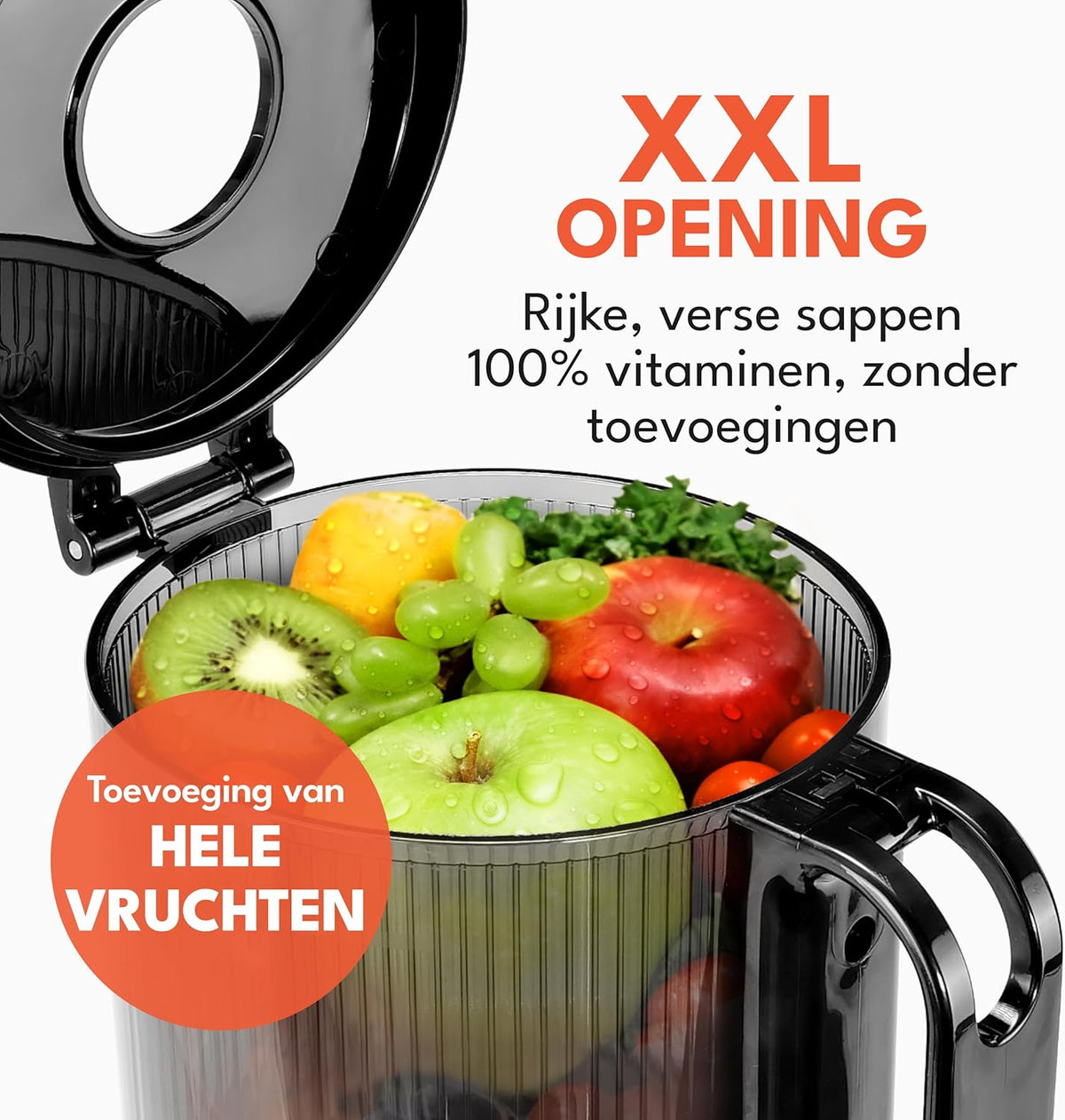 LEBENLANG Slow Juicer machine - Incl. receptenboekje & grote opening van 130 mm I Perfect voor hele vruchten sap & groene sapjes 100% BPA-vrij I Cold press Stille slowjuicer Masticating Sapcentrifuge