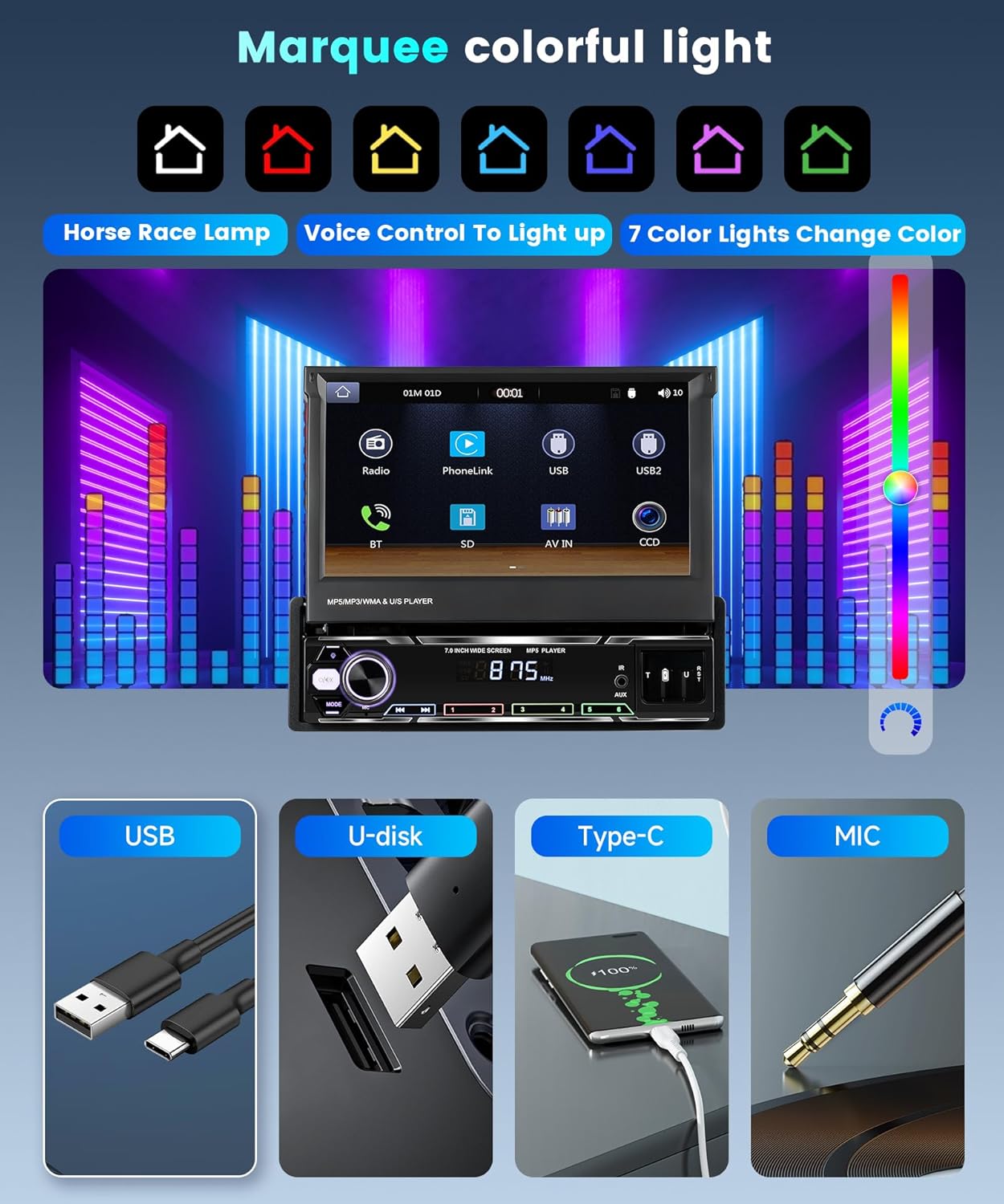 Rimoody Autoradio, 1 Din Wireless Carplay Android Auto met 7 Pollici HD touchscreen, handmatig intrekbare beeldscherm, autoradio met Bluetooth GPS Navi Mirror Link FM/AM/RDS radio TF/USB/AUX