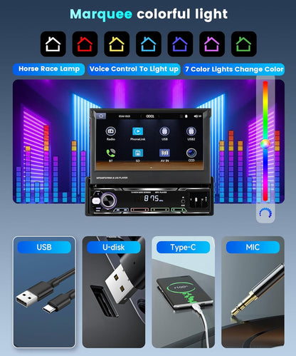 Rimoody Autoradio, 1 Din Wireless Carplay Android Auto met 7 Pollici HD touchscreen, handmatig intrekbare beeldscherm, autoradio met Bluetooth GPS Navi Mirror Link FM/AM/RDS radio TF/USB/AUX