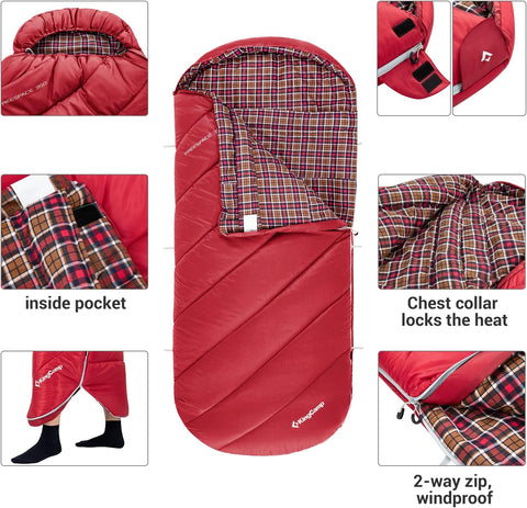 KingCamp Slaapzak XL 3-4 Seizoenen Katoen Flanel 220 x 100 cm Extra Groot voor Volwassenen Extreem -8 °C Compact Draagbaar Comfortabel Professioneel Warm voor Kamperen Wandelen Buiten Binnen