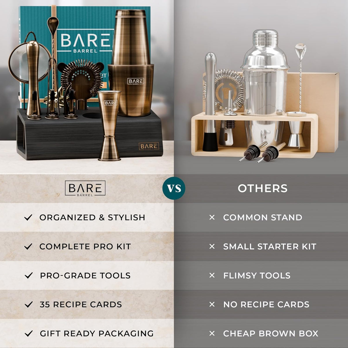 Cocktailset – Cocktail Shaker Set – Bartender Kit – Mixology Set – Barset – 14-Delige Set Met Bamboe Standaard – 800 Ml Boston Shaker In Messing/Zwart Met 35 Receptenkaarten