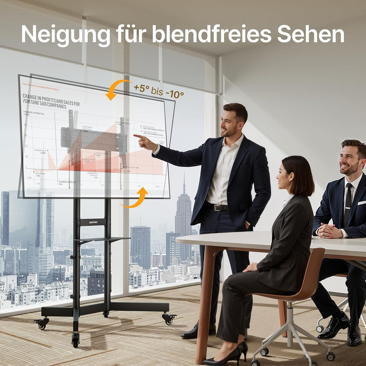 In hoogte verstelbare mobiele tv-standaard oprolbaar voor 32-86 inch televisie, tot 90 kg draagvermogen, helling +5°/-10°, veiligheidsvergrendeling, met wielen en plank, max. VESA 600x400mm