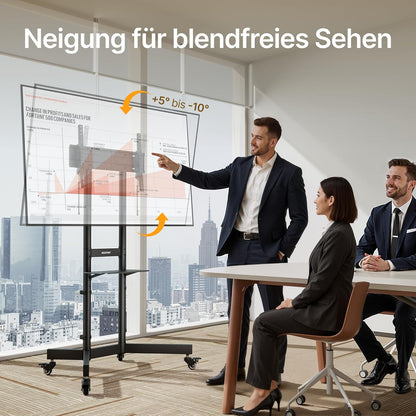 In hoogte verstelbare mobiele tv-standaard oprolbaar voor 32-86 inch televisie, tot 90 kg draagvermogen, helling +5°/-10°, veiligheidsvergrendeling, met wielen en plank, max. VESA 600x400mm