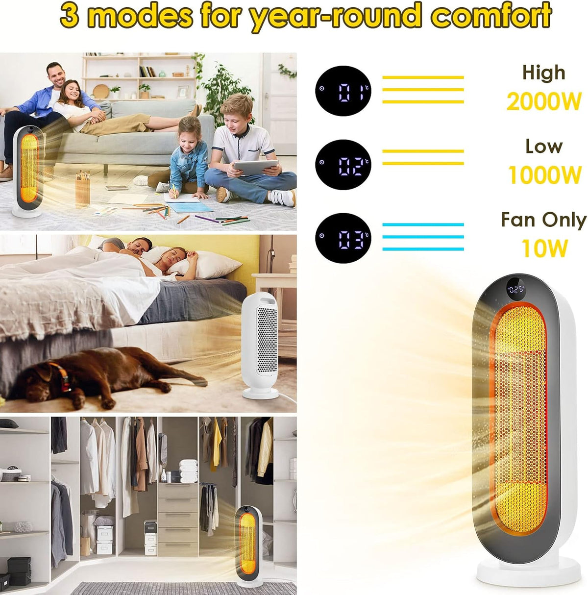 Kachel, keramische ventilatorkachel, 2000 W, 3 modi, thermostaat, ventilatorkachel, 12-uurs timer, kantelbeveiliging, 100 graden oscillatie-ruimteverwarming voor thuis en op kantoor, wit, klein scherm