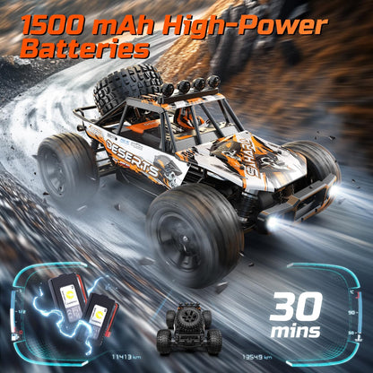 DEERC afstandsbedieningsauto op schaal 1:10 voor volwassenen en jongens, 48 km/u 4x4 RC monstertruck met verlichting, 2 batterijen voor 30 minuten speelplezier, 2,4 GHz terreinwagen RC