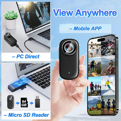 Mini Action Cam WiFi met scherm, 4K UHD en 150° groothoek, IP65 waterdichte bodycam 4K 64GB, draagbare anti-shake helmcamera motorfiets - ideaal voor sport en outdooractiviteiten