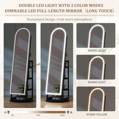 Sieradenkast – Spiegelkast – Juwelenkast – Sieradenopberger – Staande Kast – 360° Draaibaar – Afsluitbaar Met Sleutel – Verstelbare LED-Verlichting – Volledige Lengte Spiegel – Zwart MDF
