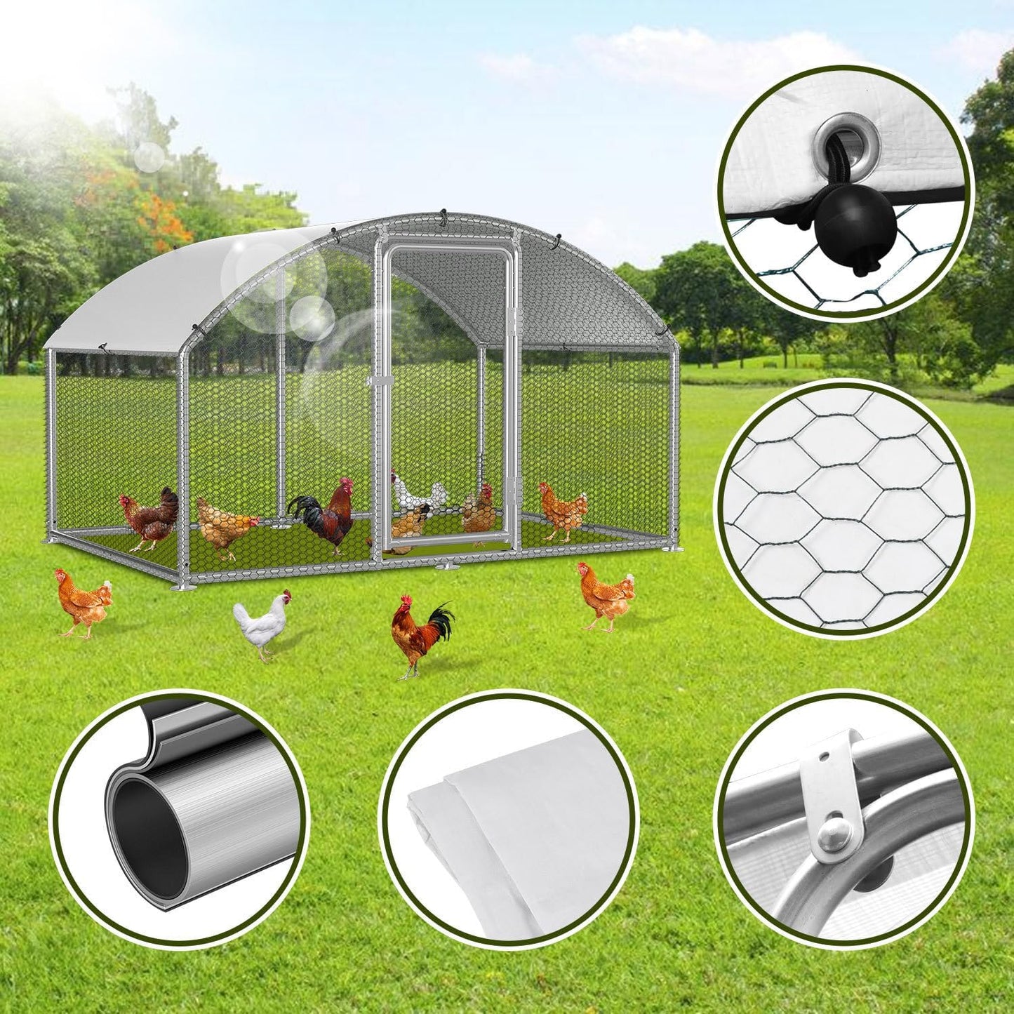 Chicken Coop Outdoor Run 3 x 2 x 2 m Chicken Coop Dome Roof Galvanised Steel Poultry Stable for Chickens, Rabbits, Geese and Pigeons and Quails, Metal Run with Net - QUORE
