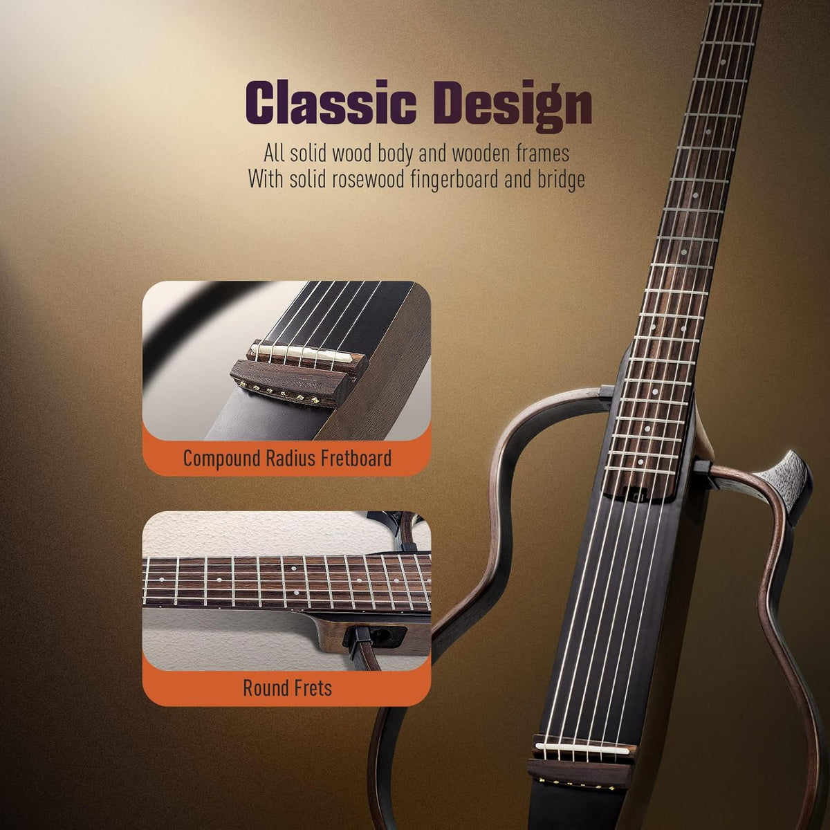 SONICAKE QGT-01 Elektrische akoestische gitaar, draagbare behuizing van massief mahonie, eenvoudig te monteren frame, multi-corpus vorm, sim-preamp, Gigbag en accessoires