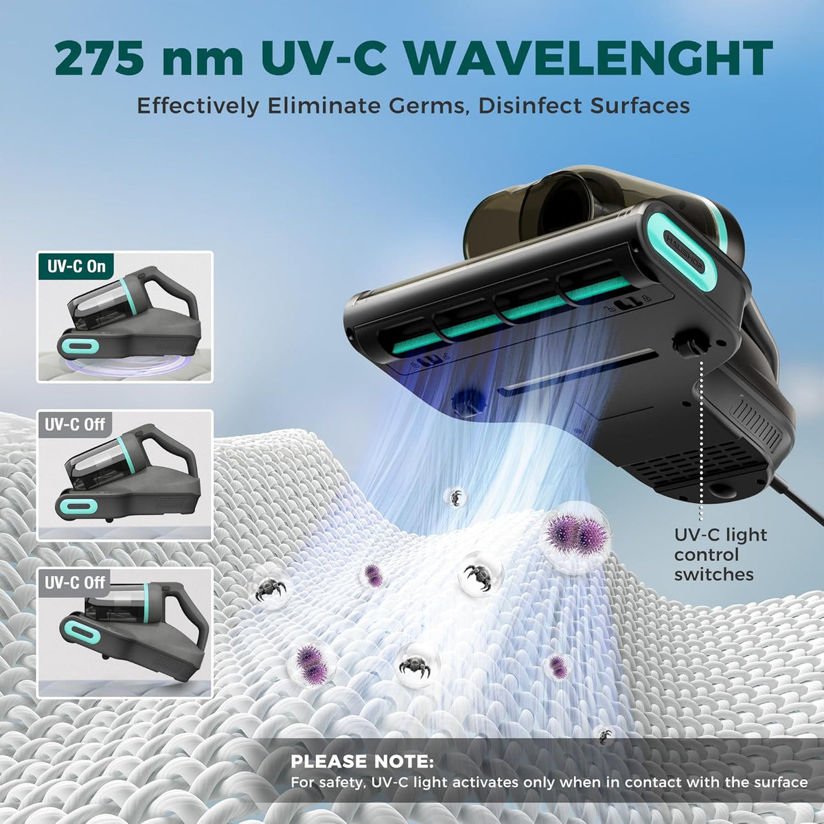 HAUSHOF Stofzuiger tegen mijten, 15 kPa, stofzuiger voor matras met verwarming 60 °C, UV-C-licht 275 nm, aromatherapie, HEPA-filter, dubbele stofbak, led-display, voor bed, bank, stoel