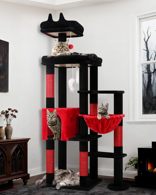 Globlazer Cat Tree XL Gothic Black Red, Cat Tree Large High 167cm Large Platform Lined Seat Rod Cat House Basket, Stable Cat Tower for 2-4 Large Cats 7kg+ Inside (F65B, Gothic) - QUORE