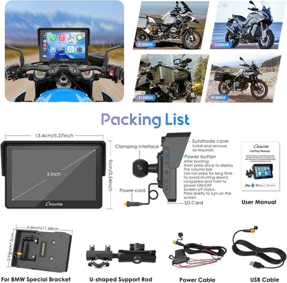 Carpuride W502B Pro voor B.M W Motorfiets CarPlay & Android Auto & Dual Bluetooth, 5" Waterdicht GPS Navigatiescherm voor Motorfiets, Muziek Delen, Intercom, EQ, Lichtsensor, Kompas, Barometer