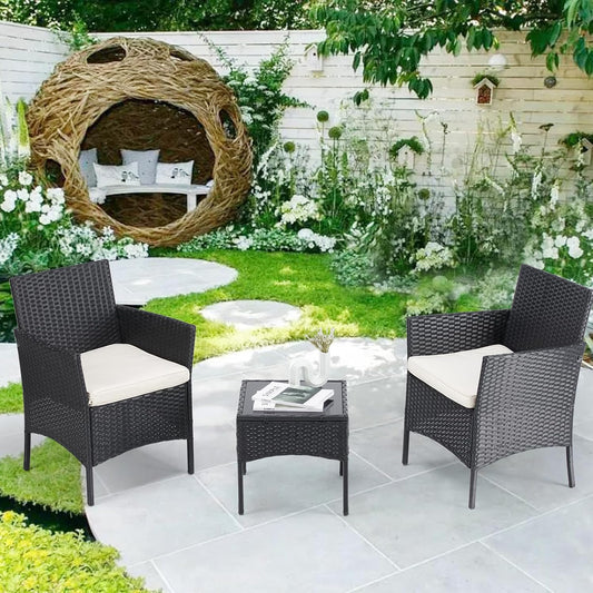 Patio Furniture Conversation Set Outdoor rotan stoel tuin PE rieten bank achtertuin balkon porch zwembadzijde loveseat met zacht kussen en glazen tafel, 3-delig, zwart