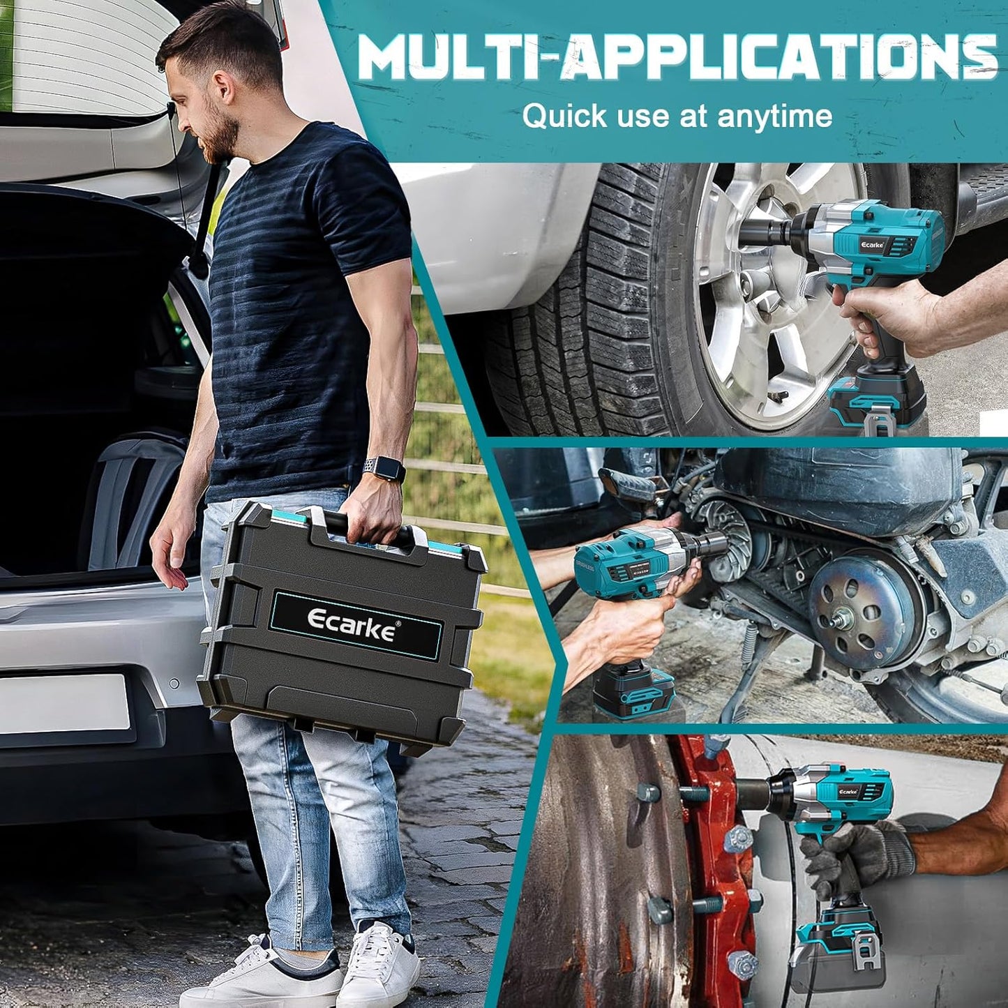 Ecarke 1400 Nm Accu-slagschroevendraaier met moersleutel, set voor Makita 18 V lithium-accu, 2800 tpm, 1/2 inch borstelloze slagschroef met ledlicht, 6 doppen voor autobanden, steigerbouw (zonder accu