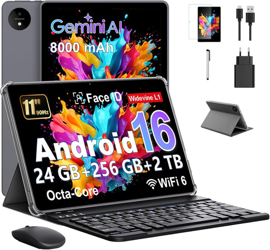 Tablet 11 Inch met Gemini AI, Android 16 Tablet met Hoe, Muis & Toetsenbord, Octa-Core, 24 GB RAM + 128 GB ROM + 2 TB TF, 1920 * 1200 HD Display, 90 Hz, 8MP + 13MP Dual Camera, 8000 mAh, Grijs