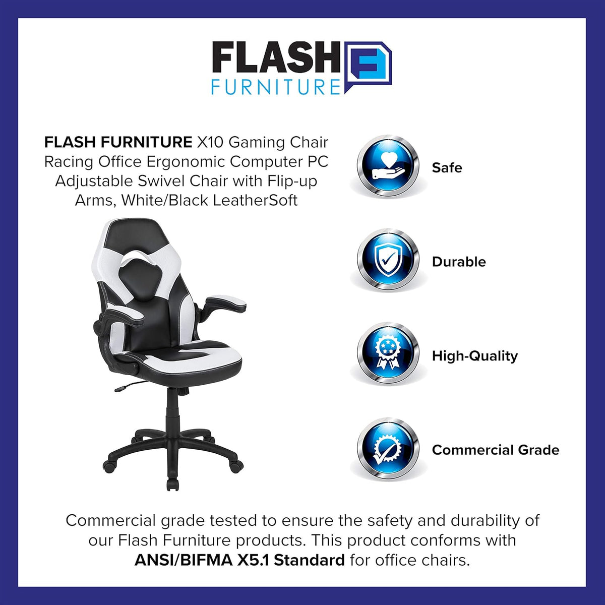 Flash Furniture X10 Gamingstoel, ergonomische bureaustoel voor pc- en gaming-setups, verstelbare gamerstoel met rugsteun, LeatherSoft, wit/zwart