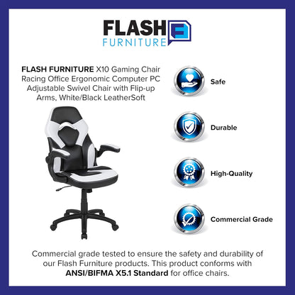 Flash Furniture X10 Gamingstoel, ergonomische bureaustoel voor pc- en gaming-setups, verstelbare gamerstoel met rugsteun, LeatherSoft, wit/zwart