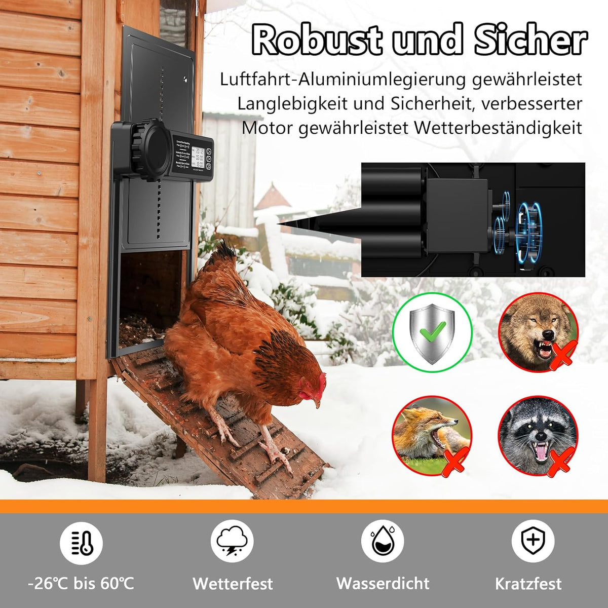 Aluminium automatische kippenklep, batterij, elektrische kippenklep met waterdicht, groot display, timer, handmatig, automatische kippendeur, intelligente klembeveiliging