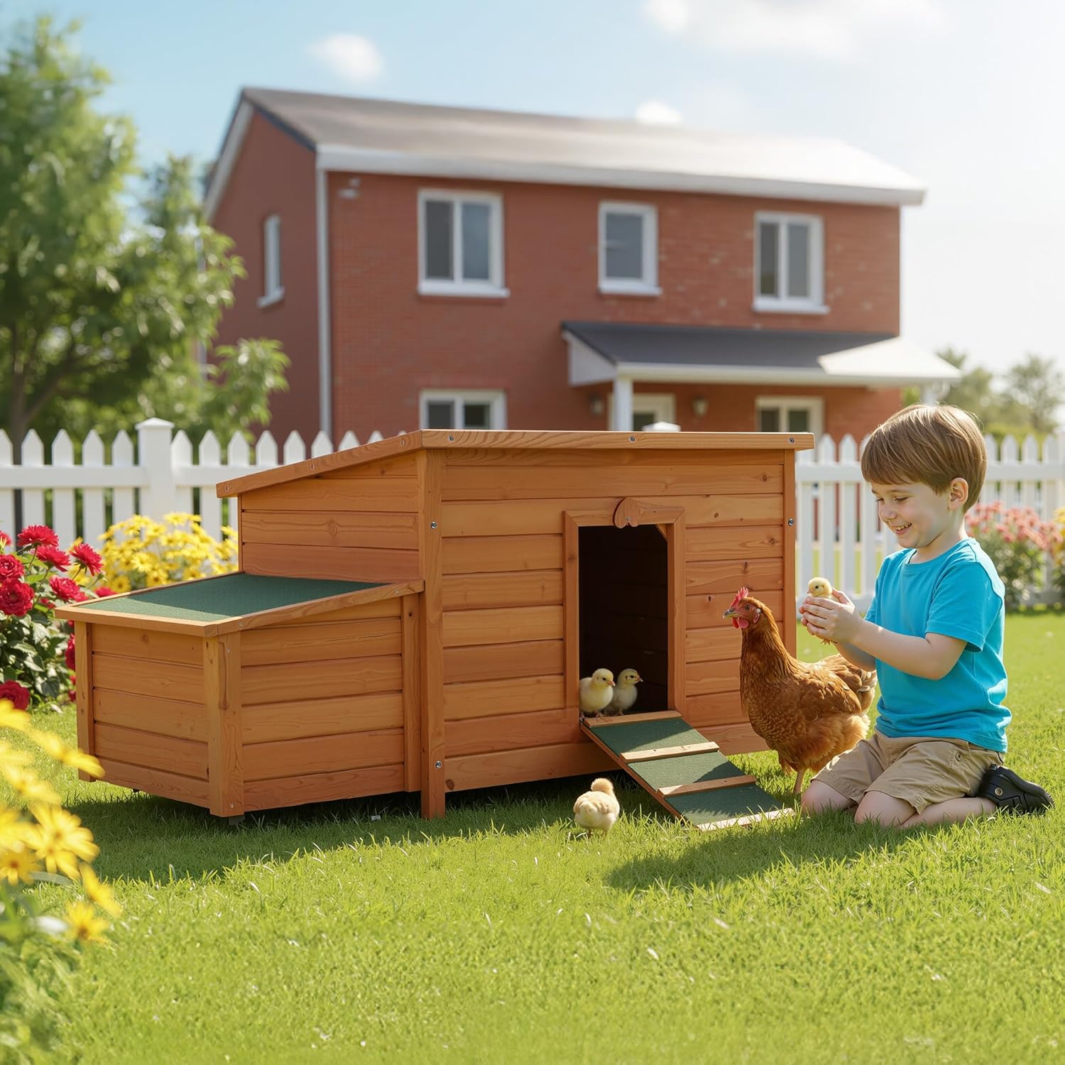 Wiltec chicken coop 1360 x 740 x 700 mm red brown with wooden nesting box, hens hutch with shelter, insulated roof and galvanized stool - QUORE