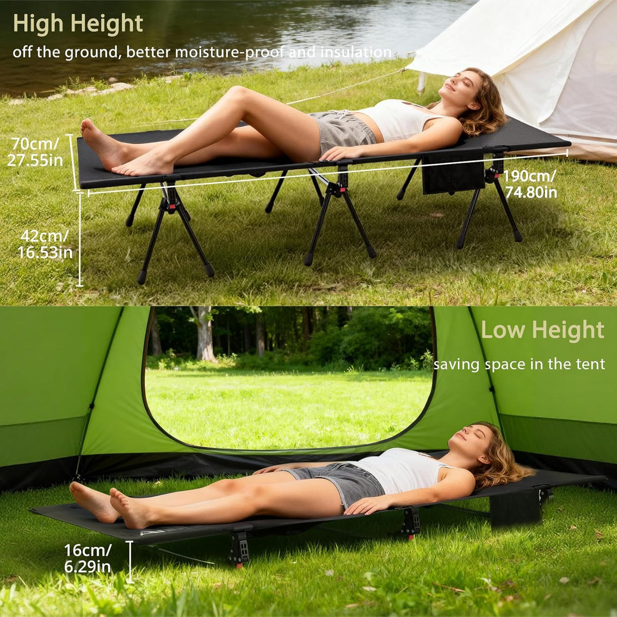 Anbte Ultralicht campingbedje, in hoogte verstelbare ondersteuning tot 180 kg, draagbare kinderbedjes voor volwassenen met opbergnet en tas, comfortabel opvouwbaar bed voor kamperen, wandelen, reizen