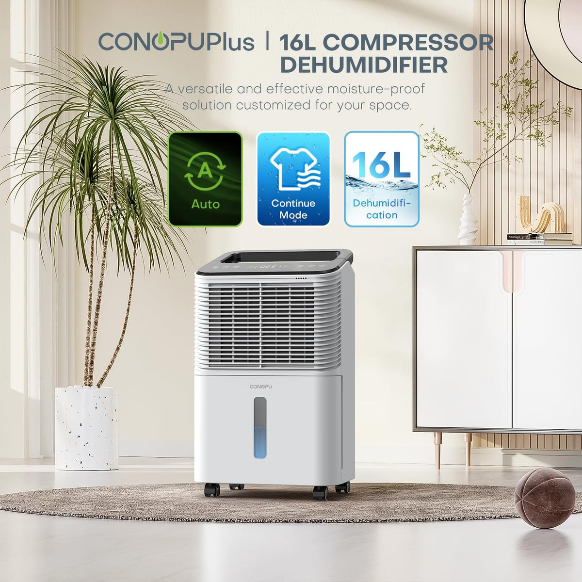 Luchtontvochtiger 16L/dag, Ultra-stille Elektrische Luchtontvochtiger, Intelligente Centrale Bediening, AUTO Modus, Vochtigheidsindicatie Lampje, 24U Timer, Kamerontvochtiger, Meer