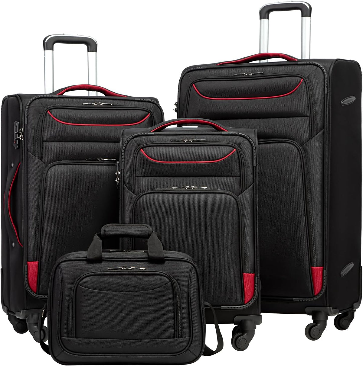 COOLIFE Trolley Koffer Met 4 Wielen en TSA-slot, Stoffen Handbagage Set Met Grote Schoudertas, Zwart+Rood, 4-delig