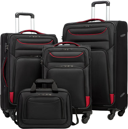 COOLIFE Trolley Koffer Met 4 Wielen en TSA-slot, Stoffen Handbagage Set Met Grote Schoudertas, Zwart+Rood, 4-delig