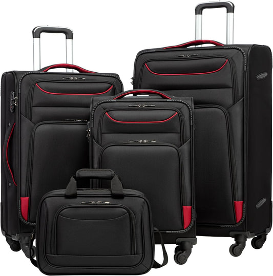 COOLIFE Trolley Koffer Met 4 Wielen en TSA-slot, Stoffen Handbagage Set Met Grote Schoudertas, Zwart+Rood, 4-delig