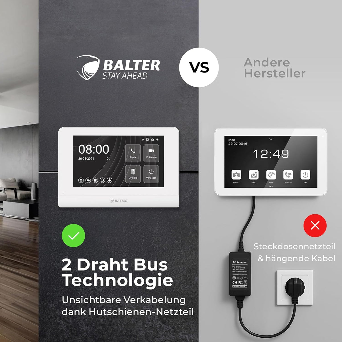 Entri Video deurintercomsysteem, inbouwdeurbel met camera, smartphone-app, 1 familiehuis, videodeurbel, 2 x 7 inch HD-monitor, Full HD-camera, intercom met deuropener en bel, 2 draden