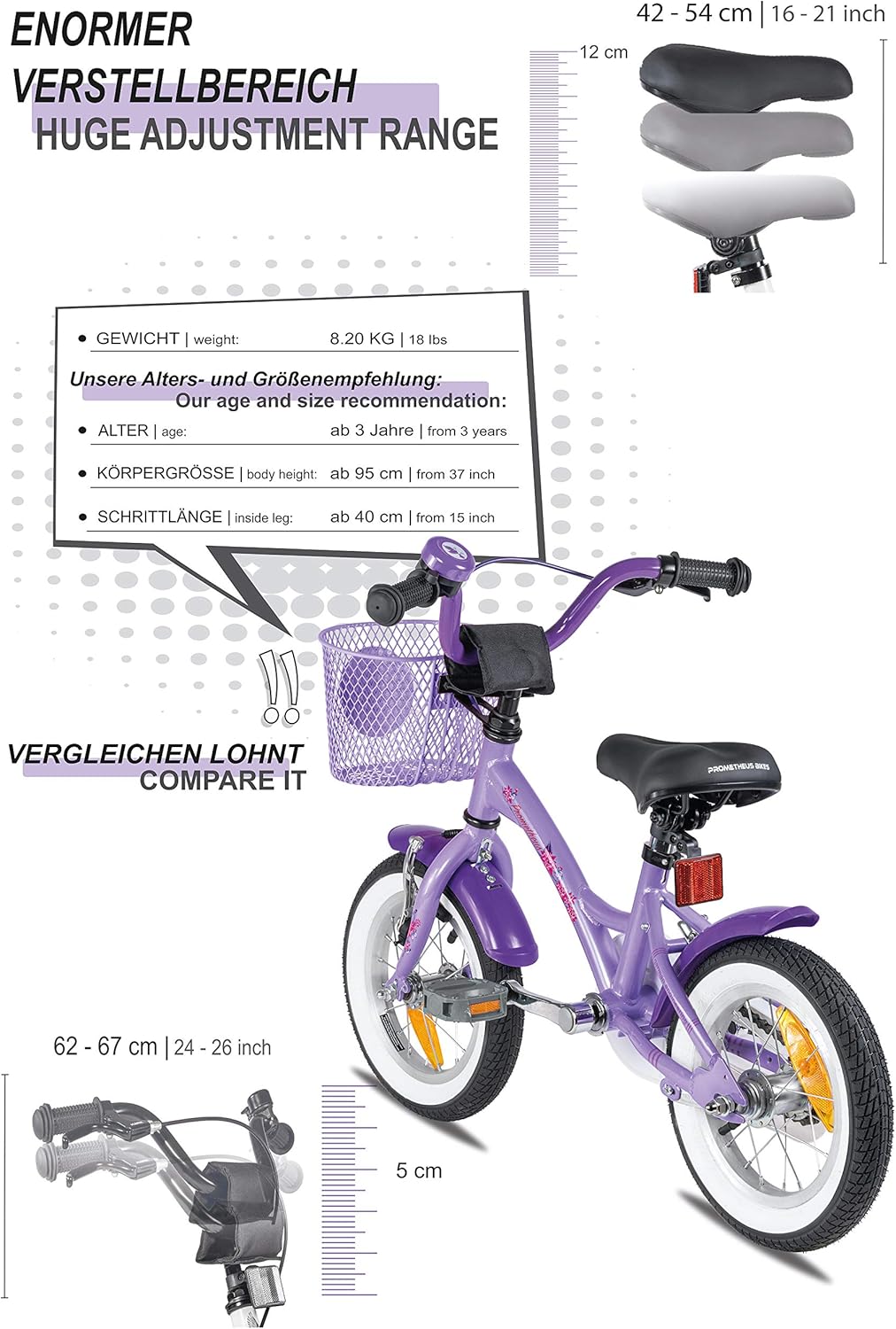 PROMETHEUS BICYCLES kinderfiets 12 inch meisjes- fiets meisje van 3 jaar met zijwieltjes terugtraprem Meisjesfiets 12 inch in paars