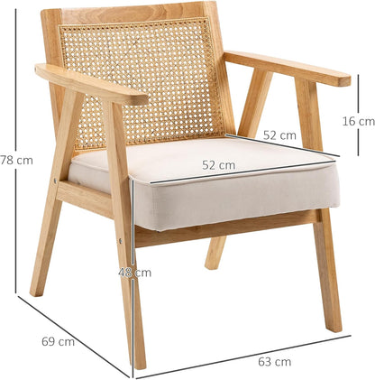 HOMCOM Sessel Wohnzimmer Relaxsessel mit Armlehnen, Sitzkissen, Loungesessel mit Rattan-Rückenlehne, Lesesessel mit Leinen-Optik, Holzrahmen, Polstersessel für Schlafzimmer Creme - QUORE