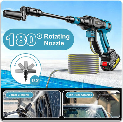 Hogedrukreiniger, 3000 W, borstelloze motor, 4-snelheden, max. 125 bar, mobiele drukreiniger met 2 x 4,0 Ah batterijen, 6-in-1 en 180 graden draaibaar mondstuk, schuimsproeier, reinigingsborstel