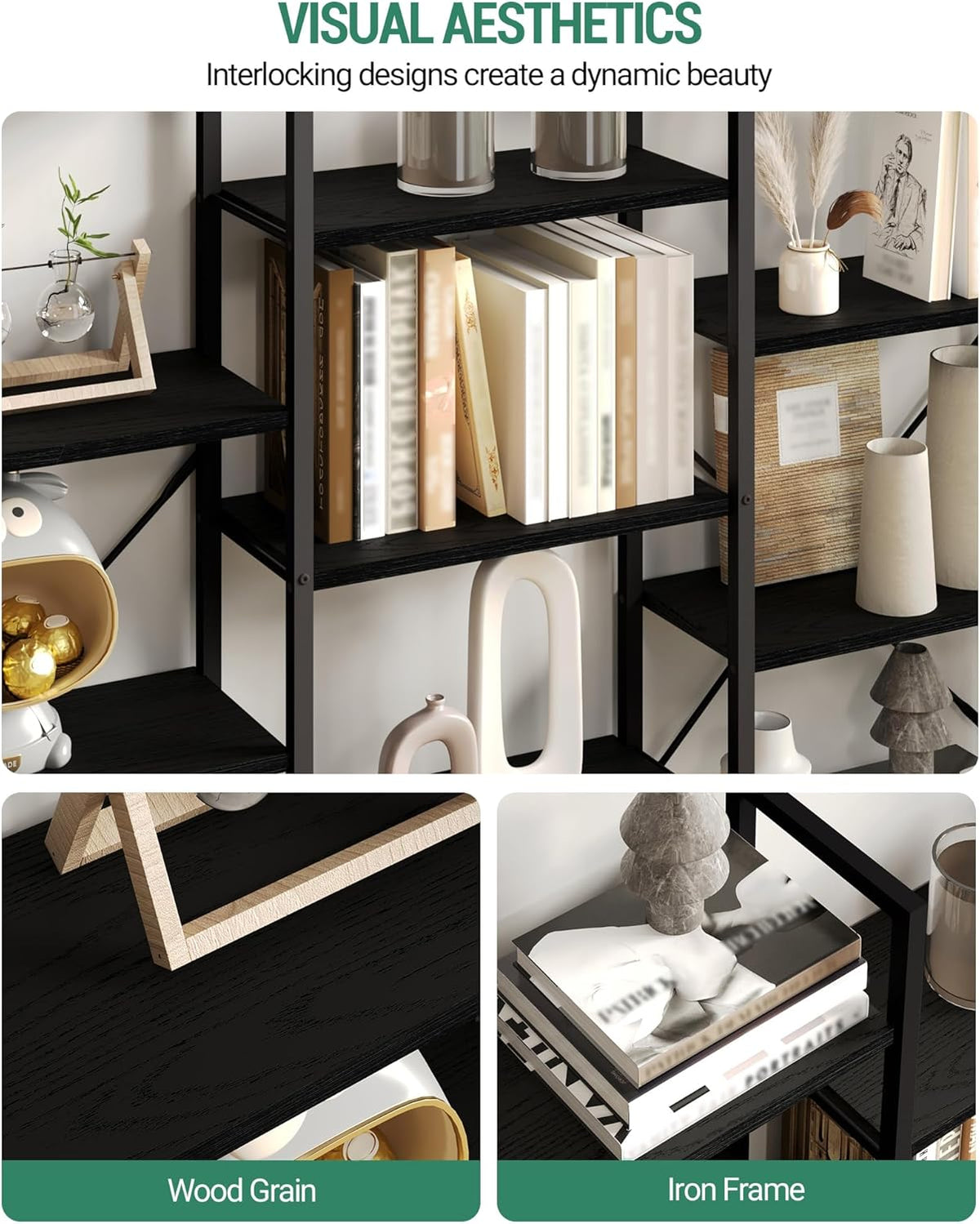 Hzuaneri Bookshelves, Freestanding Shelves, 17 Shelves, 6 Layers, Adjustable Distance, 24 x 152 x 186 cm, Load Capacity 340 kg, Living Room, Office Vintage Black BC10104B