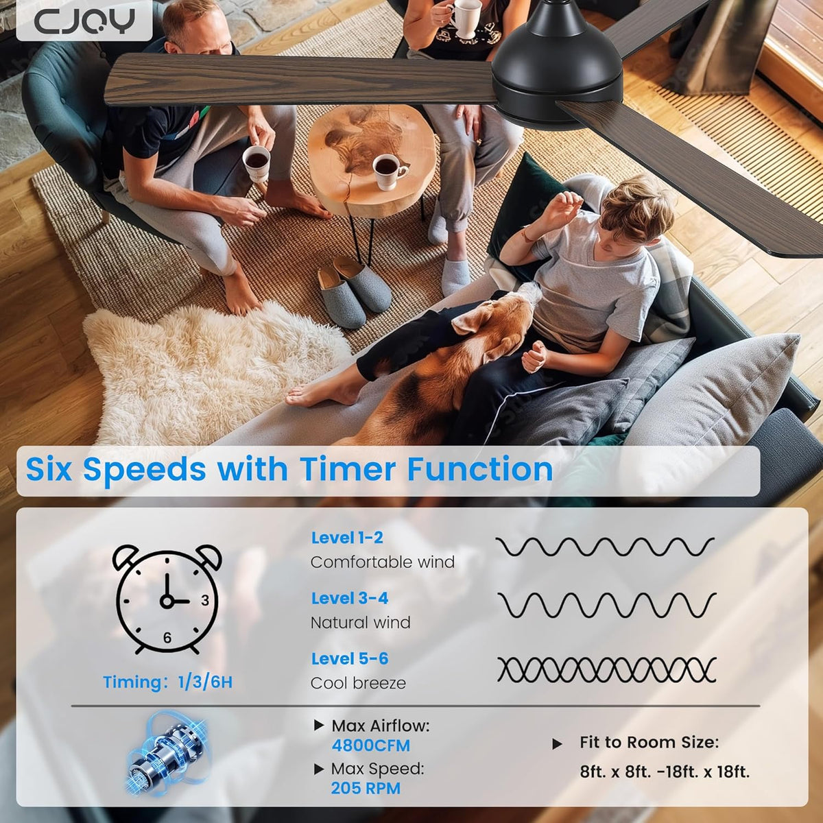 CJOY Plafondventilator, zwart en hout, 132 cm, plafondventilator met licht en stille afstandsbediening, 6 snelheden, 3 CCT, dimbaar, omkeerbaar, timer, Per camera da Letto/Soggiorno