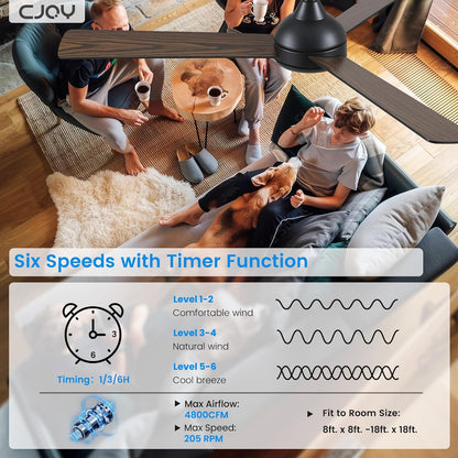 CJOY Plafondventilator, zwart en hout, 132 cm, plafondventilator met licht en stille afstandsbediening, 6 snelheden, 3 CCT, dimbaar, omkeerbaar, timer, Per camera da Letto/Soggiorno