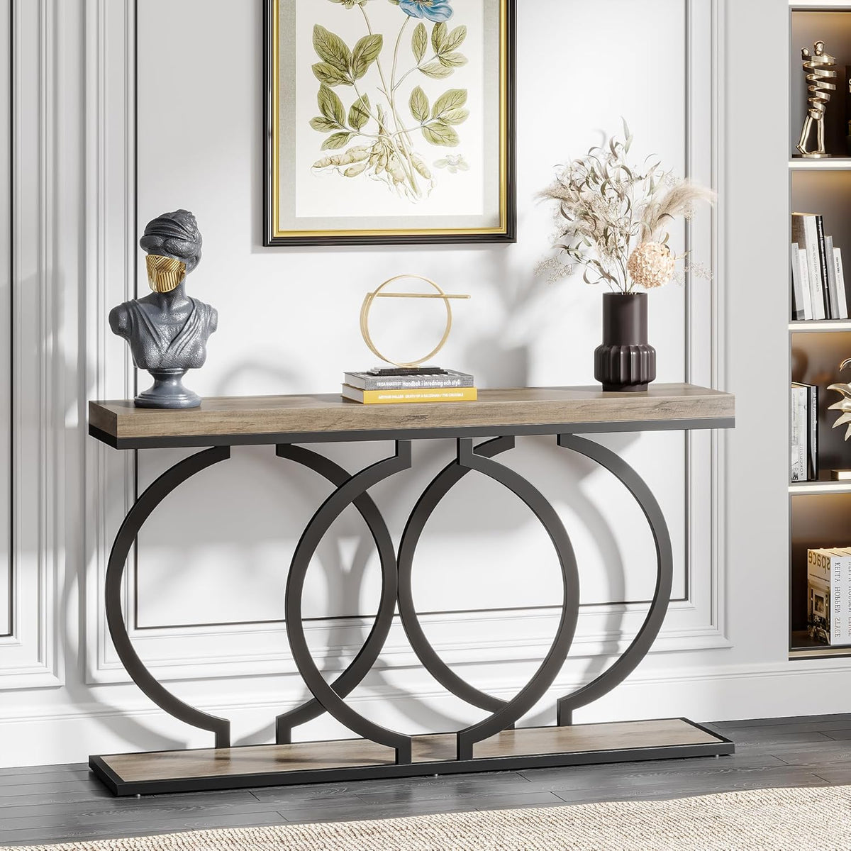 Tribesigns Console Table, 140cm Industrial Entrance Table with Geometric Metal Frame, Narrow Long Wooden Accent Bench for Living Room, Entrance, Hallway, Vintage Grey