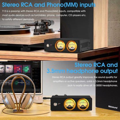 HiFi Phono Voorversterker voor MM platenspeler, hoofdtelefoonversterker met VU-meter (T13)