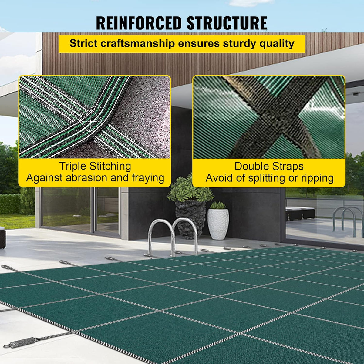 VEVOR Veiligheidsafdekking voor ingegraven zwembaden, 4,9 x 9 m, groen net, veiligheidsdeken, afmetingen 5,5 x 9,8 m, met installatiegereedschap voor winterzwembad, bestand tegen zon, wind