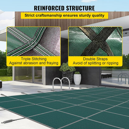 VEVOR Veiligheidsafdekking voor ingegraven zwembaden, 4,9 x 9 m, groen net, veiligheidsdeken, afmetingen 5,5 x 9,8 m, met installatiegereedschap voor winterzwembad, bestand tegen zon, wind
