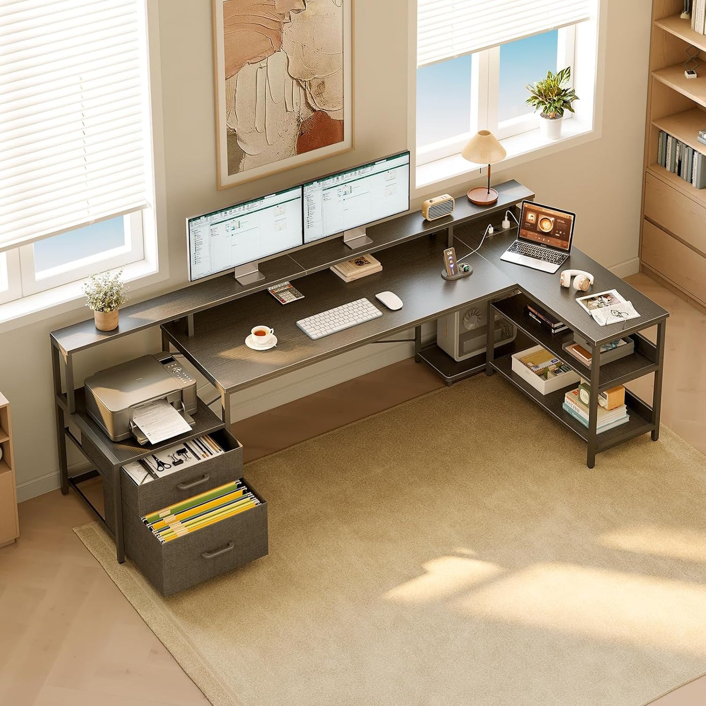 ODK Desk with Drawers, 480 × 100 cm, Large Reversible Corner Desk with 2 USB Charging Ports and 2 Sockets, Gaming Desk for Home Workplace, Black - QUORE