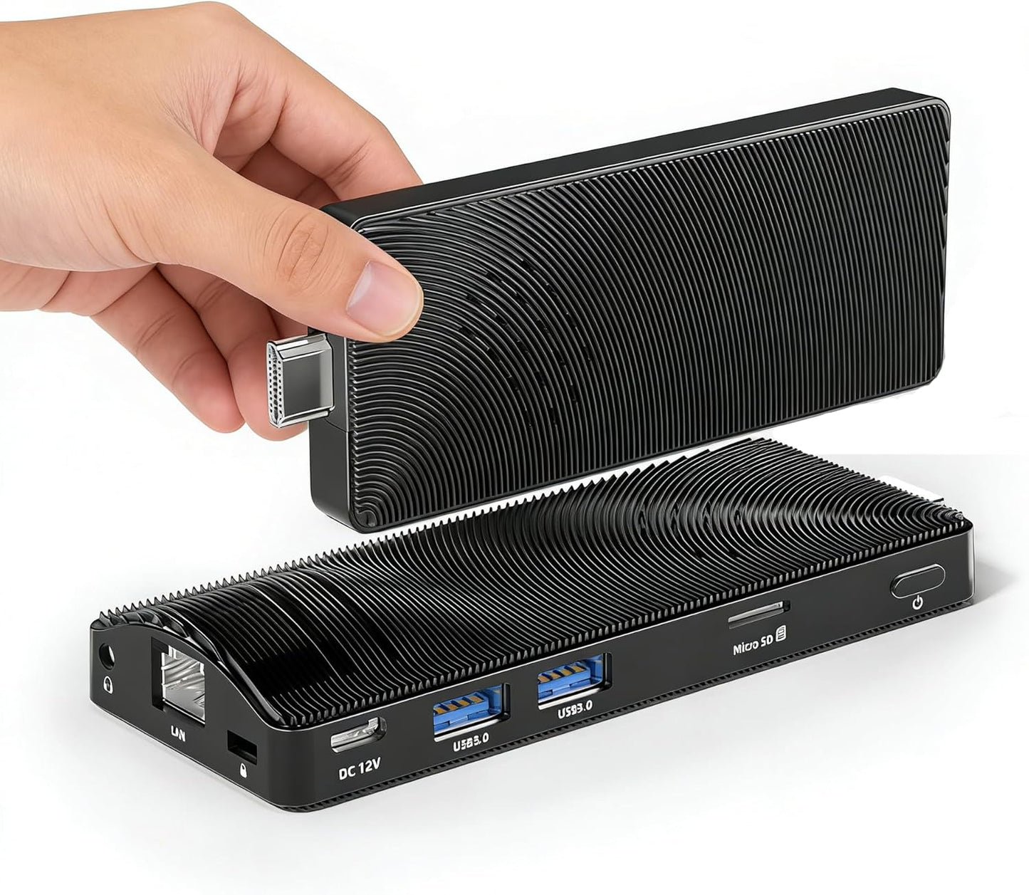 Fanless Mini PC Stick, Intel Celeron J3455 Quad-Core 1,5-2,3 GHz, 4 GB RAM 64 GB eMMC, Dual Gigabit Ethernet, 4K 60Hz HDMI, WiFi BT 5.0, USB 3.0 x2, Win 10 Pro voor zakelijke, industriële en