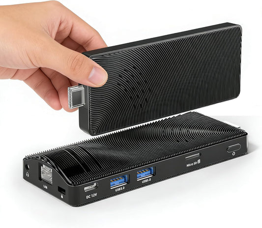 Fanless Mini PC Stick, Intel Celeron J3455 Quad-Core 1,5-2,3 GHz, 4 GB RAM 64 GB eMMC, Dual Gigabit Ethernet, 4K 60Hz HDMI, WiFi BT 5.0, USB 3.0 x2, Win 10 Pro voor zakelijke, industriële en