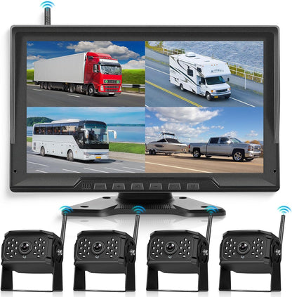 Wireless Rear Camera Set, 10.1 Inch Touch Screen, 4 Rear Cameras with DVR Recording, Night Vision, BSD, Waterproof IP68, Super Wide Angle for Trucks, Trailers, Vans, Buses - QUORE