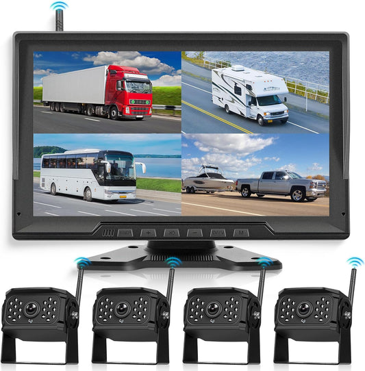 Wireless Rear Camera Set, 10.1 Inch Touch Screen, 4 Rear Cameras with DVR Recording, Night Vision, BSD, Waterproof IP68, Super Wide Angle for Trucks, Trailers, Vans, Buses - QUORE