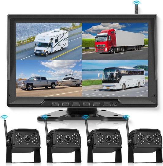 Draadloze achteruitrijcameraset, 10,1 inch touchscreen, 4 achteruitrijcamera's met DVR-opname, nachtzicht, BSD, waterdicht IP68, super groothoek voor vrachtwagens, aanhangers, bestelwagens en bussen
