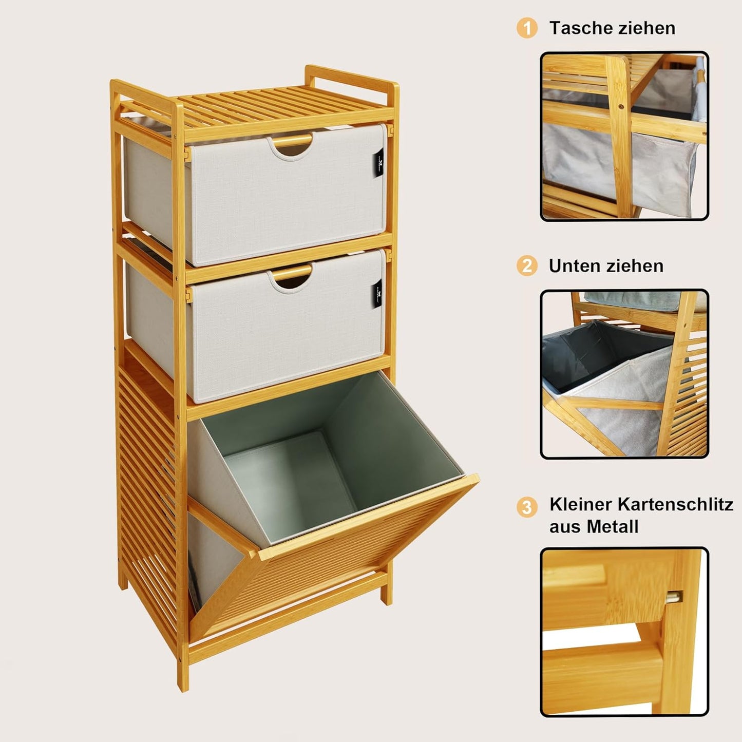 Adel Dream Wasmand, bamboe, wasmanden, 3 vakken, wasverzamelaar voor vuile was, opslag voor voorwerpen, wasbox, wasmand, wassorteerder, lichtgrijs Hellgrau-06-28